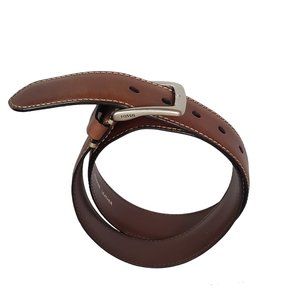 Mens Fossil Brown Leather Belt Silver Buckle SZ 34